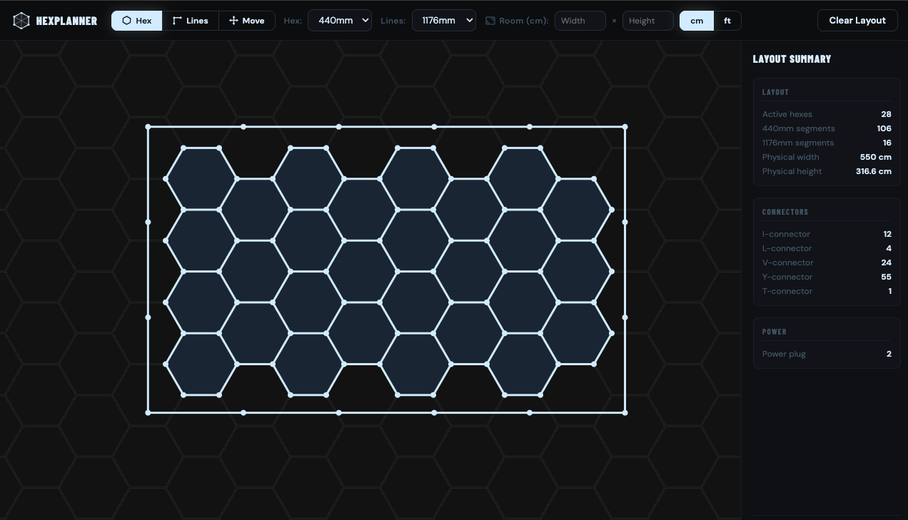 Hexplanner app showing a hex LED layout with bill of materials sidebar