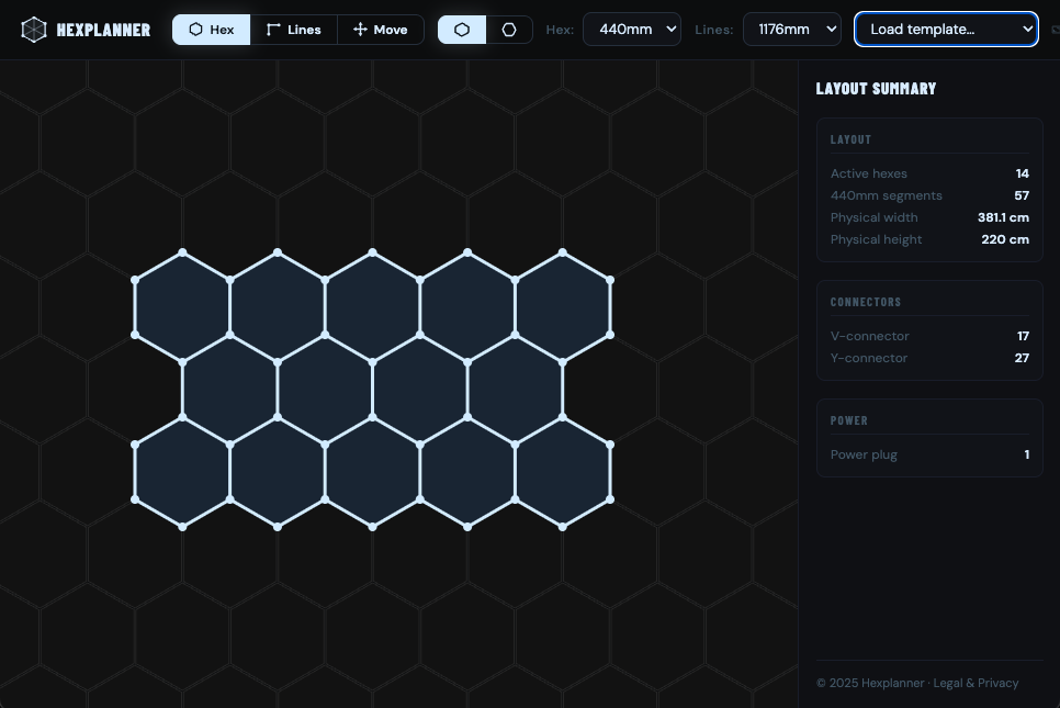 Hexplanner app showing the 14-Grid Hex Layout with bill of materials