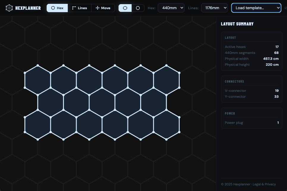 Hexplanner app showing the 17-Grid Hex Layout with bill of materials