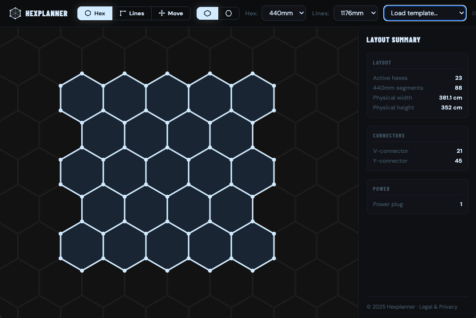Hexplanner app showing the 23-Grid Hex Layout with bill of materials