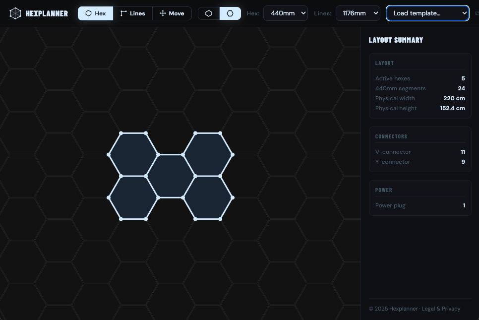 Hexplanner app showing the 5-Grid Hex Layout with bill of materials