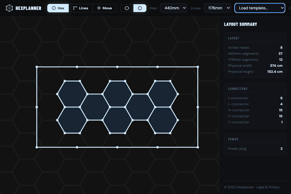 Hexplanner app showing the 8-Grid with Border with bill of materials