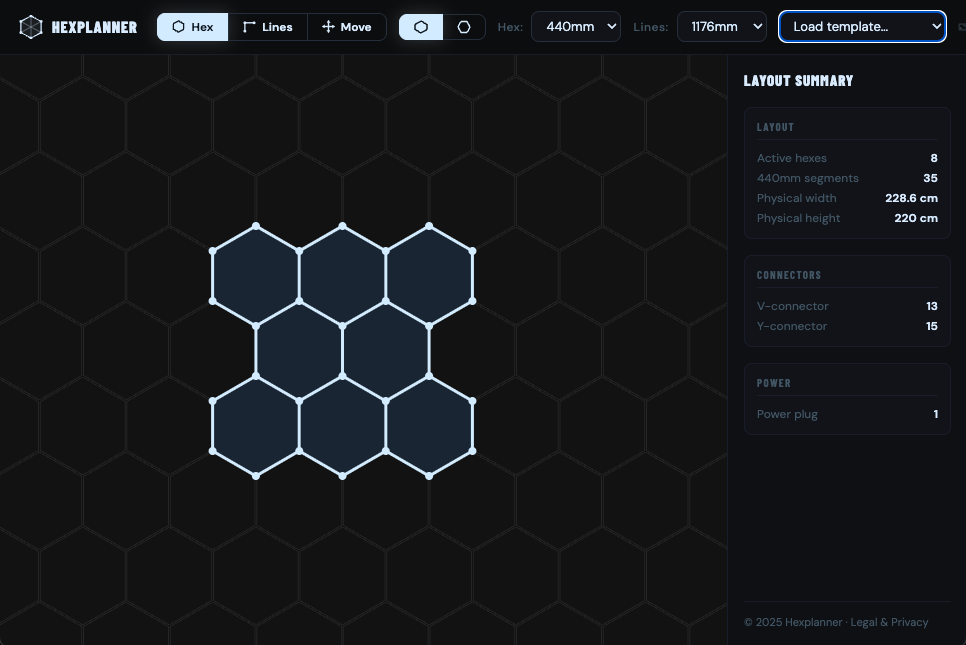 Hexplanner app showing the 8-Grid Hex Layout with bill of materials