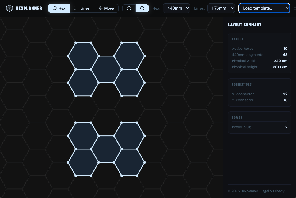 Hexplanner app showing the Dual-Zone Layout with bill of materials